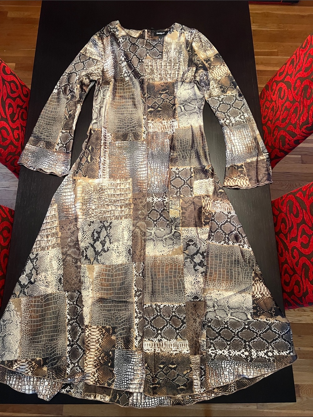 Desigual Long Sleeve Patchwork Animal Print Dress in Brown and Black